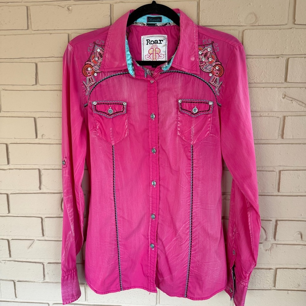 Roar Signature Shirt Womens Pink Western Embellished Rhinestone Cowgirl Medium M